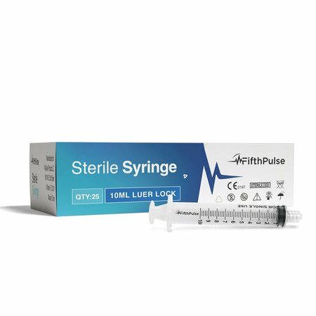FIFTHPULSE 10ml Luer Lock Syringe NO Needle, Measurement Dispensing, Sterile, Individually Wrapped, 25PK FMN100666